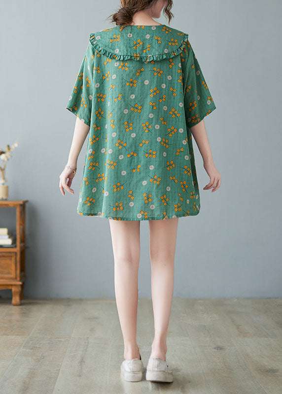 Green Peter Pan Collar Ruffled Print Linen Tops Half Sleeve
