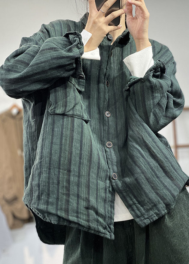 Green Peter Pan Collar Striped Thick Linen Coats Winter