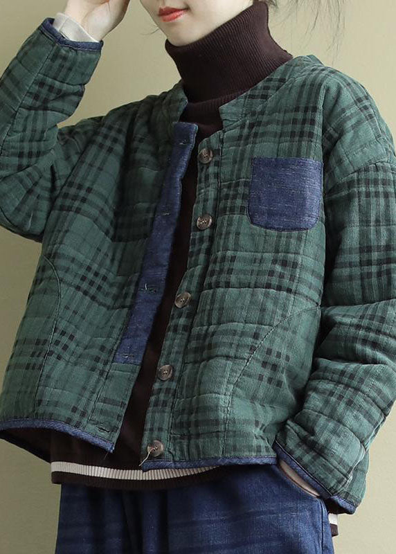 Green Plaid Button Patchwork Winter Jackets Long Sleeve