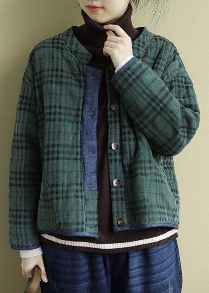 Green Plaid Button Patchwork Winter Jackets Long Sleeve