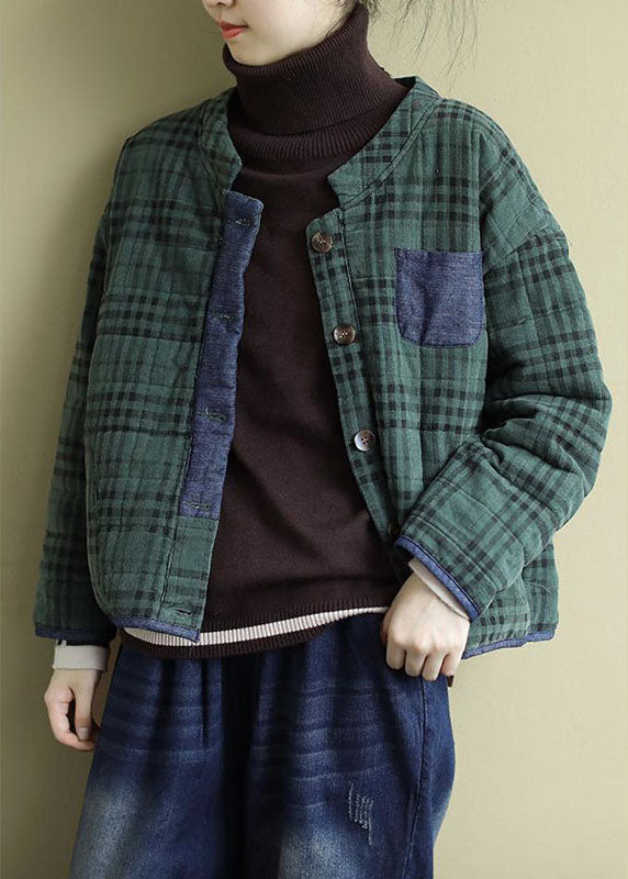 Green Plaid Button Patchwork Winter Jackets Long Sleeve