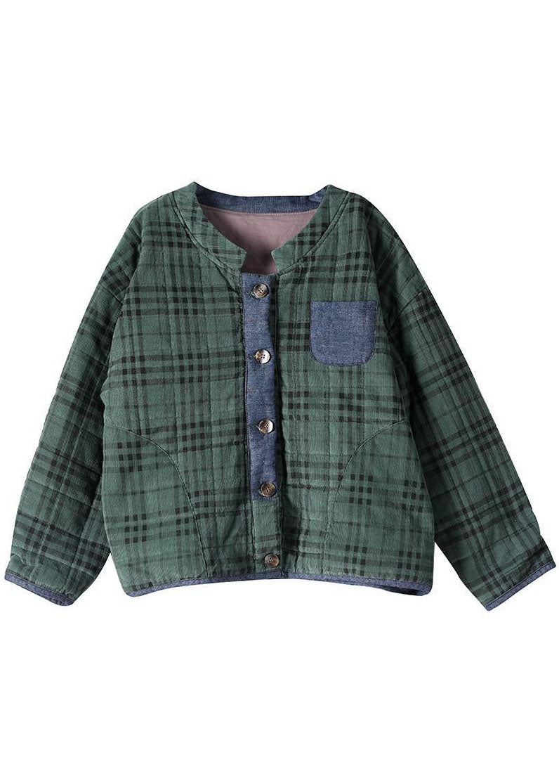 Green Plaid Button Patchwork Winter Jackets Long Sleeve