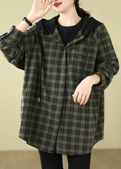 Green Plaid Cotton Hooded Shirts Coat Spring
