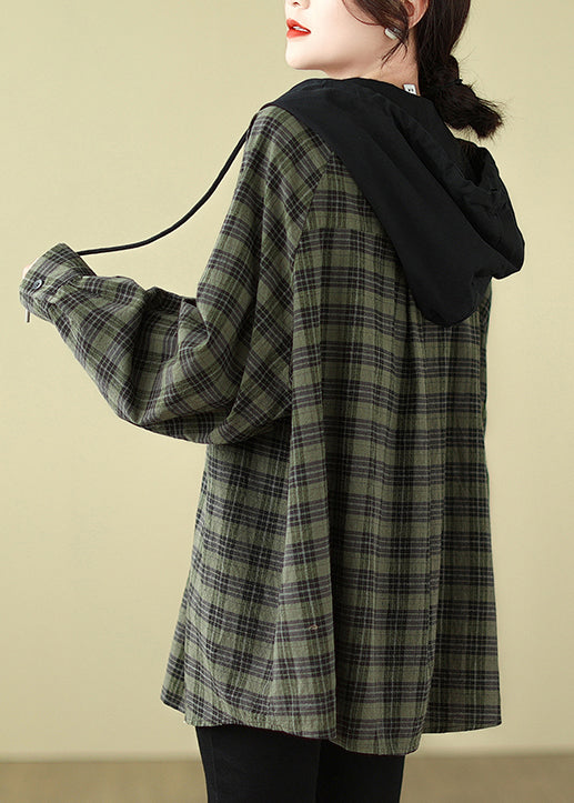 Green Plaid Cotton Hooded Shirts Coat Spring
