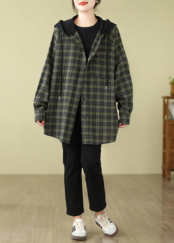 Green Plaid Cotton Hooded Shirts Coat Spring