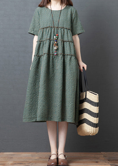 Green Plaid O-neck Wrinkled Patchwork Linen Party Dress Short Sleeve