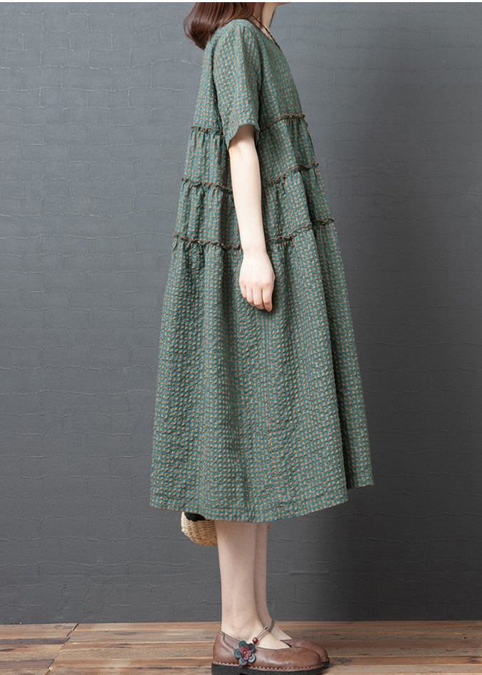 Green Plaid O-neck Wrinkled Patchwork Linen Party Dress Short Sleeve