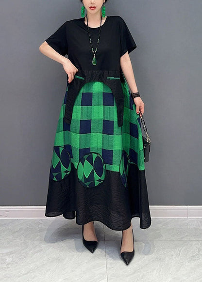 Green Plaid Patchwork Exra Large Hem a Line Dresses Summer