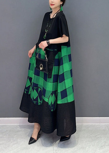 Green Plaid Patchwork Exra Large Hem a Line Dresses Summer