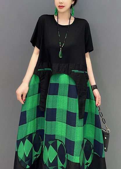Green Plaid Patchwork Exra Large Hem a Line Dresses Summer