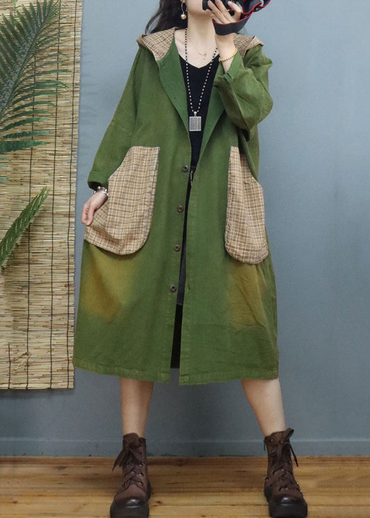 Green Plaid Pockets Patchwork Cotton Coats Fall