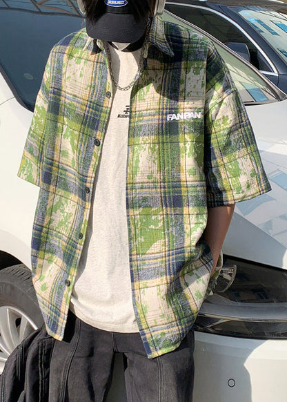 Green Plaid Tie Dye Cotton Shirts Summer