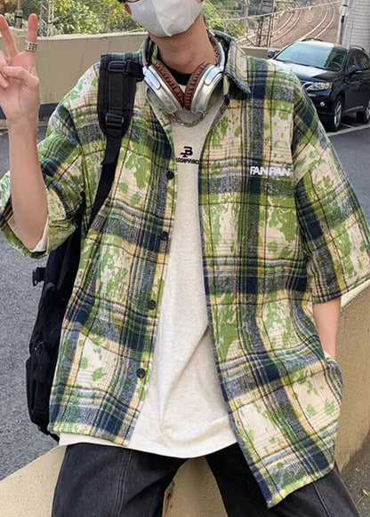 Green Plaid Tie Dye Cotton Shirts Summer