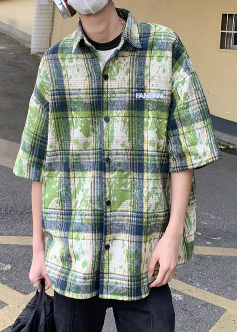 Green Plaid Tie Dye Cotton Shirts Summer