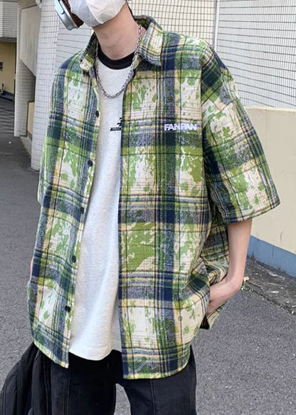 Green Plaid Tie Dye Cotton Shirts Summer