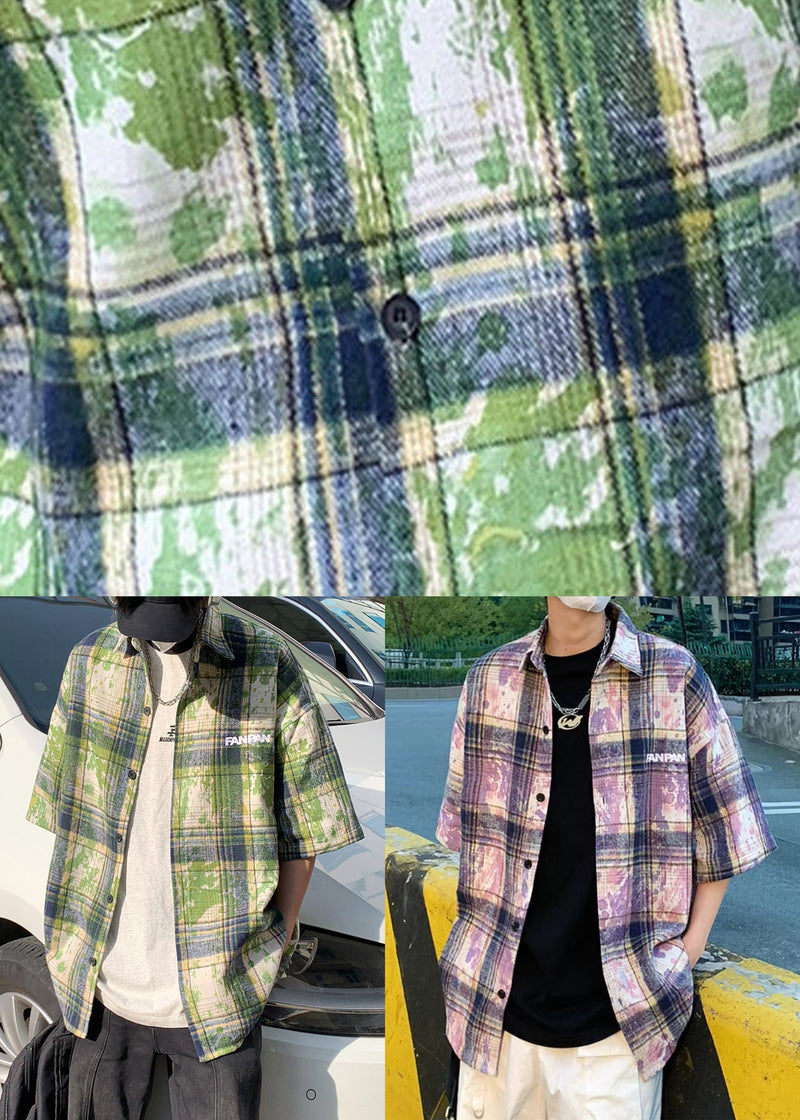 Green Plaid Tie Dye Cotton Shirts Summer