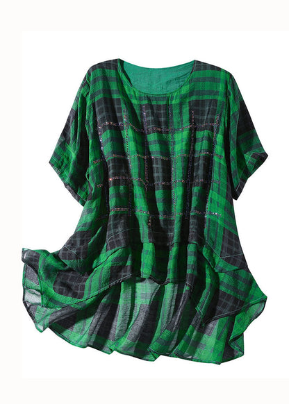 Green Plaid Zircon Patchwork Linen T Shirts Summer