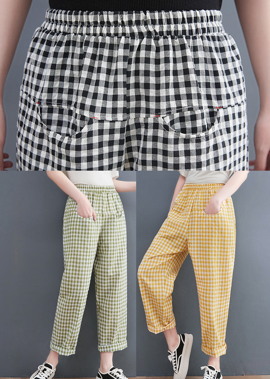 Green Plaid Elastic Waist Plaid Linen Pants Spring