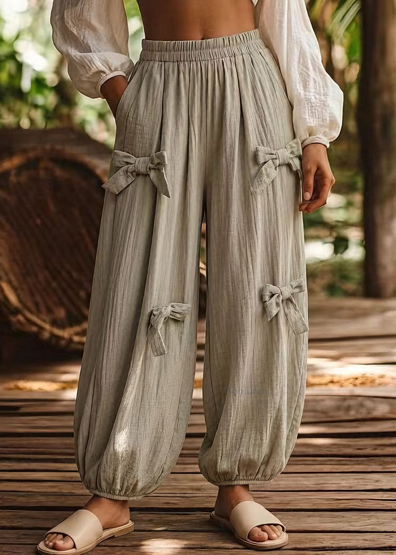 Green Pockets Bow Elastic Waist Cotton Pants Summer