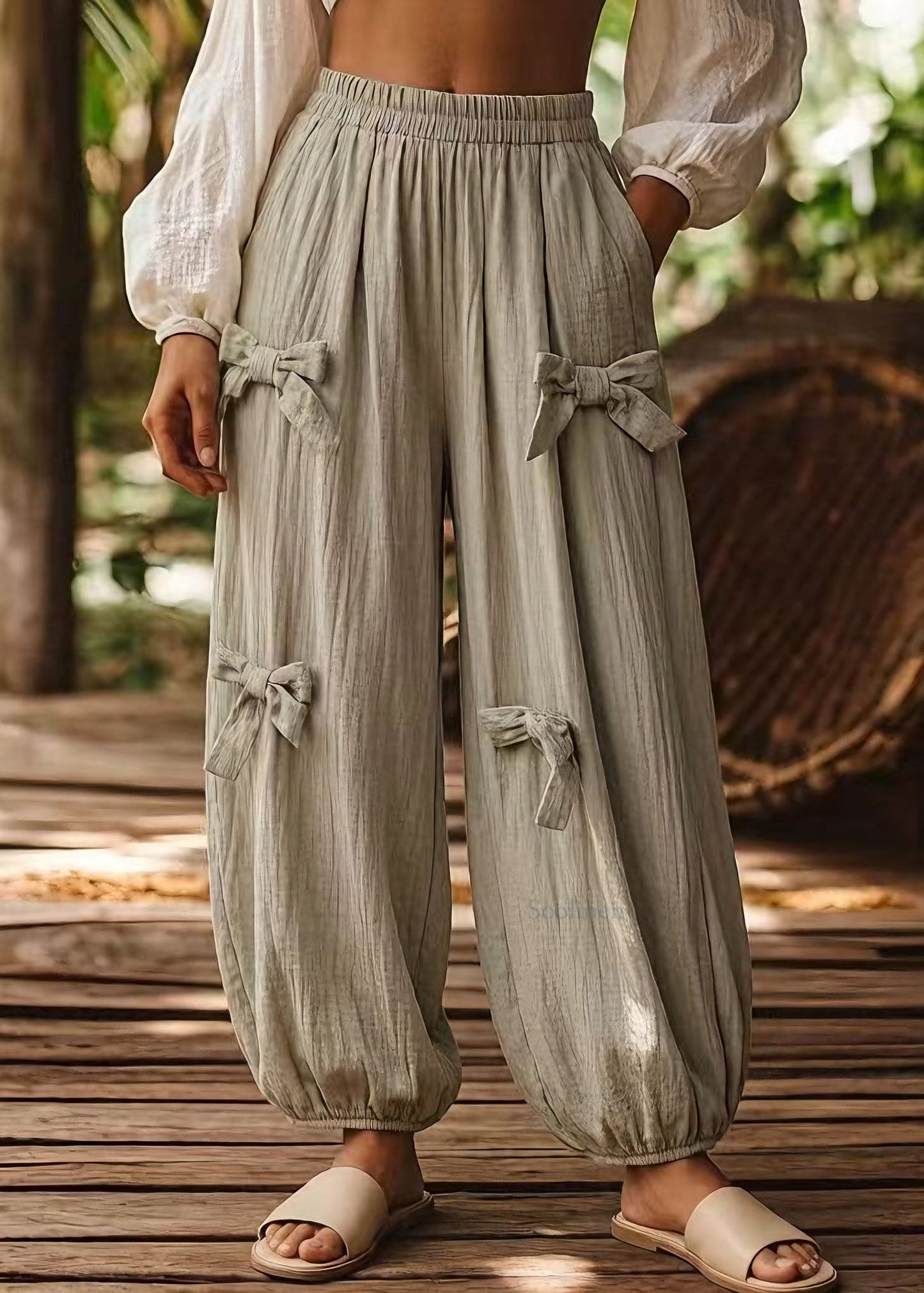 Green Pockets Bow Elastic Waist Cotton Pants Summer
