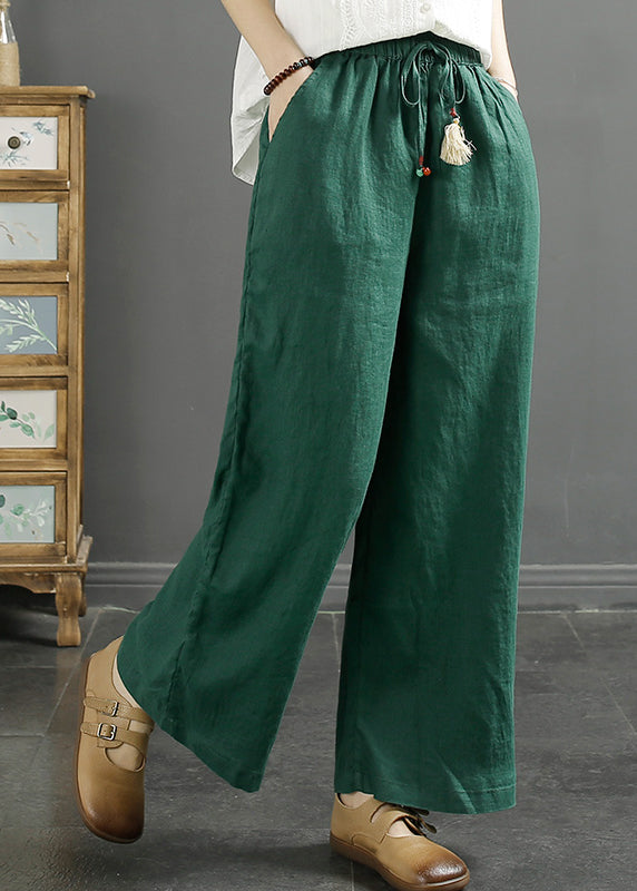 Green Pockets Cinched Linen Wide Leg Crop Pants Fall