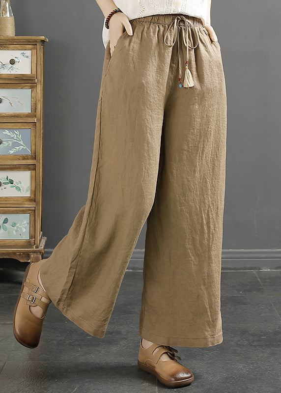 Green Pockets Cinched Linen Wide Leg Crop Pants Fall