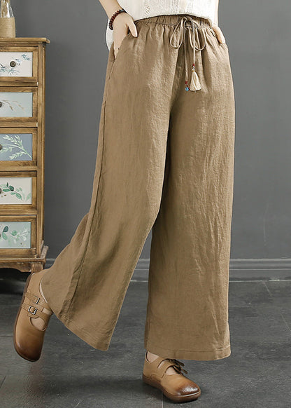 Green Pockets Cinched Linen Wide Leg Crop Pants Fall