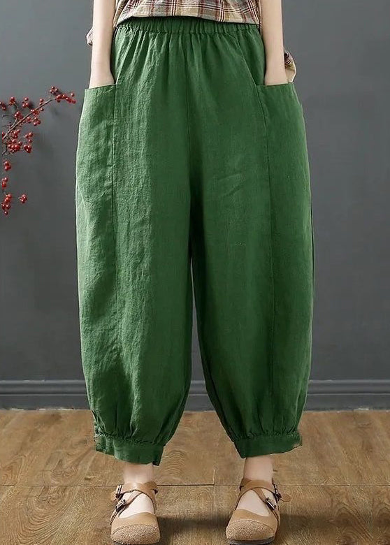 Green Pockets Elastic Waist Cotton Harem Pants