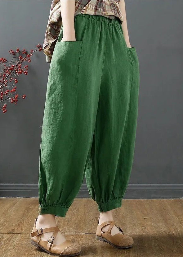 Green Pockets Elastic Waist Cotton Harem Pants