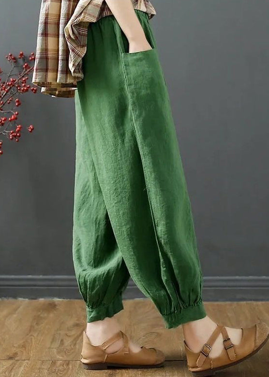 Green Pockets Elastic Waist Cotton Harem Pants