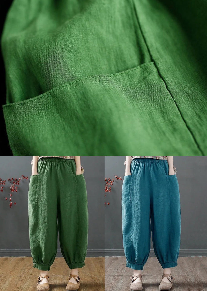 Green Pockets Elastic Waist Cotton Harem Pants
