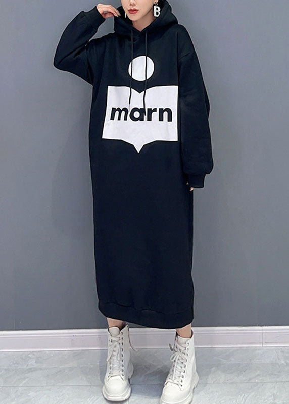 Green Print Cotton Hooded Maxi Dress Fall