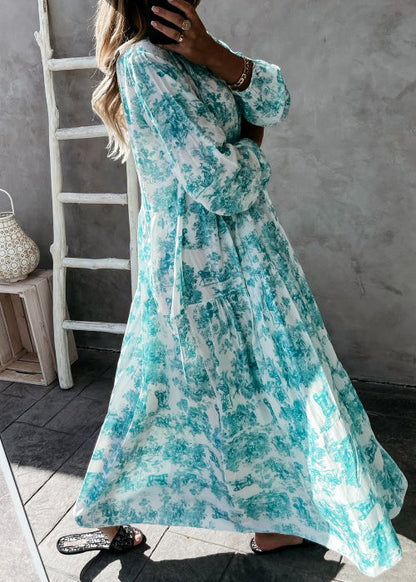 Green Print Exra Large Hem Cotton Holiday Dress Spring