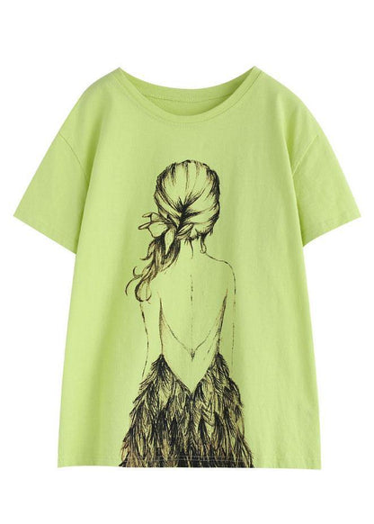 Green Print O-neck Cotton T Shirt Summer