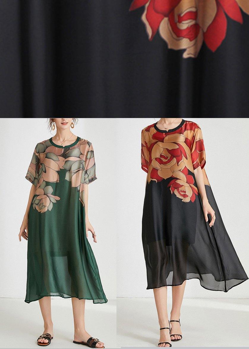 Green Print O-neck Holiday Summer Chiffon Dress