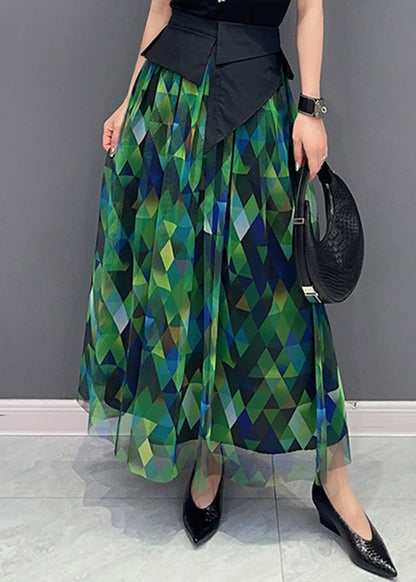 Green Print Patchwork High Waist Tulle Skirts