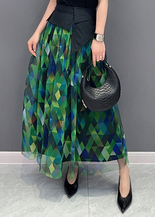Green Print Patchwork High Waist Tulle Skirts