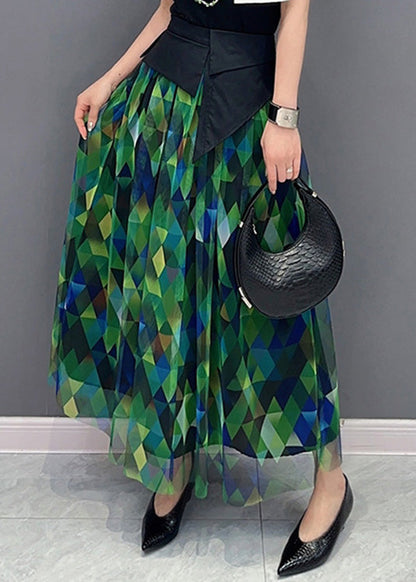 Green Print Patchwork High Waist Tulle Skirts
