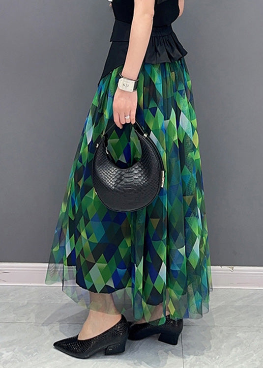 Green Print Patchwork High Waist Tulle Skirts