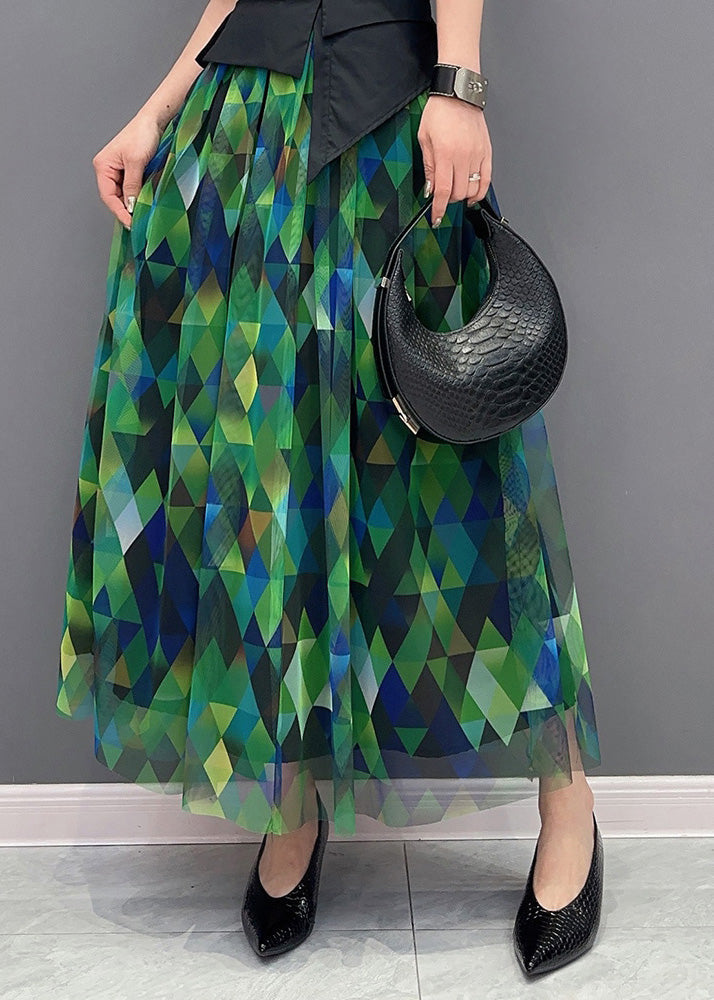Green Print Patchwork High Waist Tulle Skirts