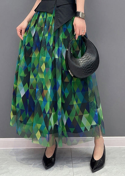 Green Print Patchwork High Waist Tulle Skirts