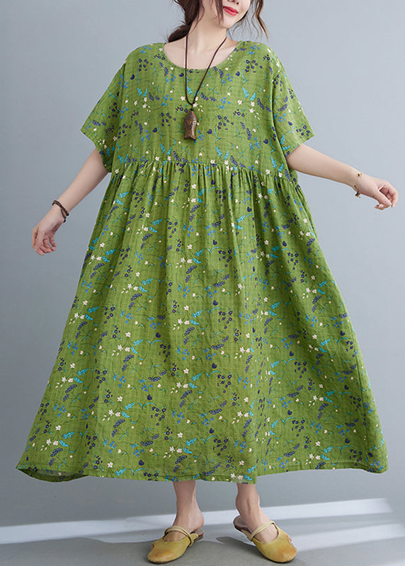 Green Print Patchwork Long Dress Short Sleeve