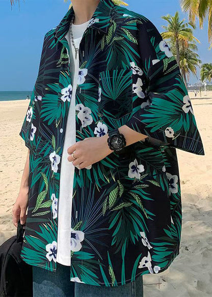 Green Print Pockets Cotton Shirts Half Sleeve