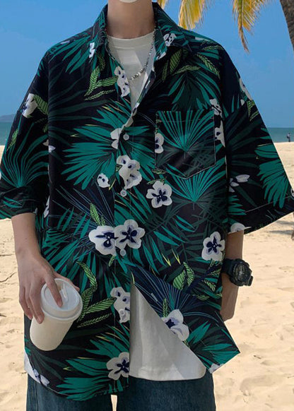 Green Print Pockets Cotton Shirts Half Sleeve
