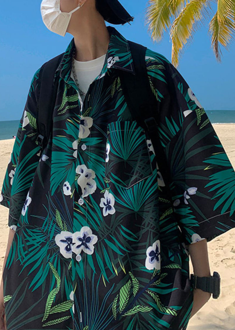 Green Print Pockets Cotton Shirts Half Sleeve