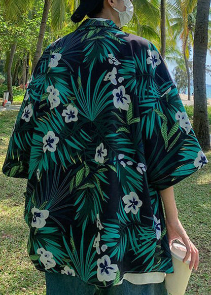 Green Print Pockets Cotton Shirts Half Sleeve