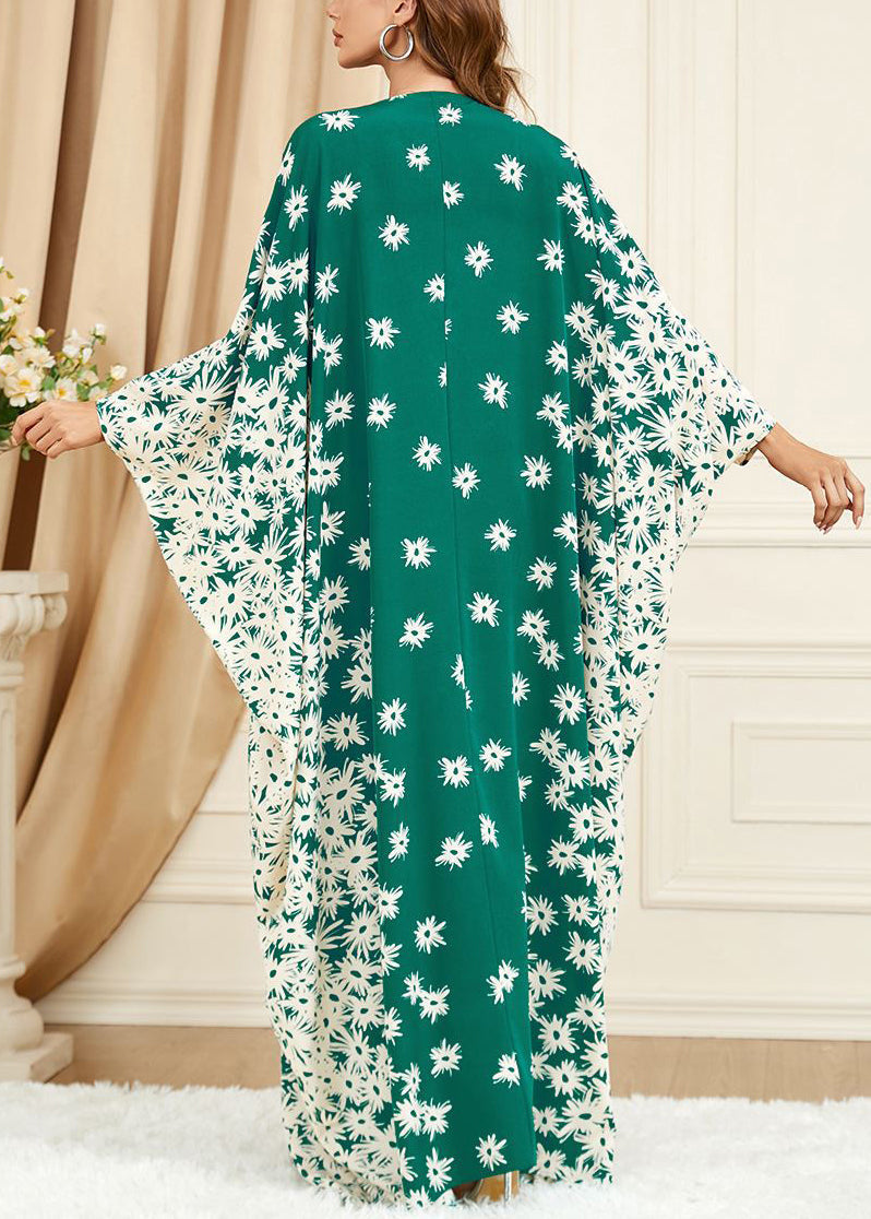 Green Print Side Open Cotton Long Dress Batwing Sleeve