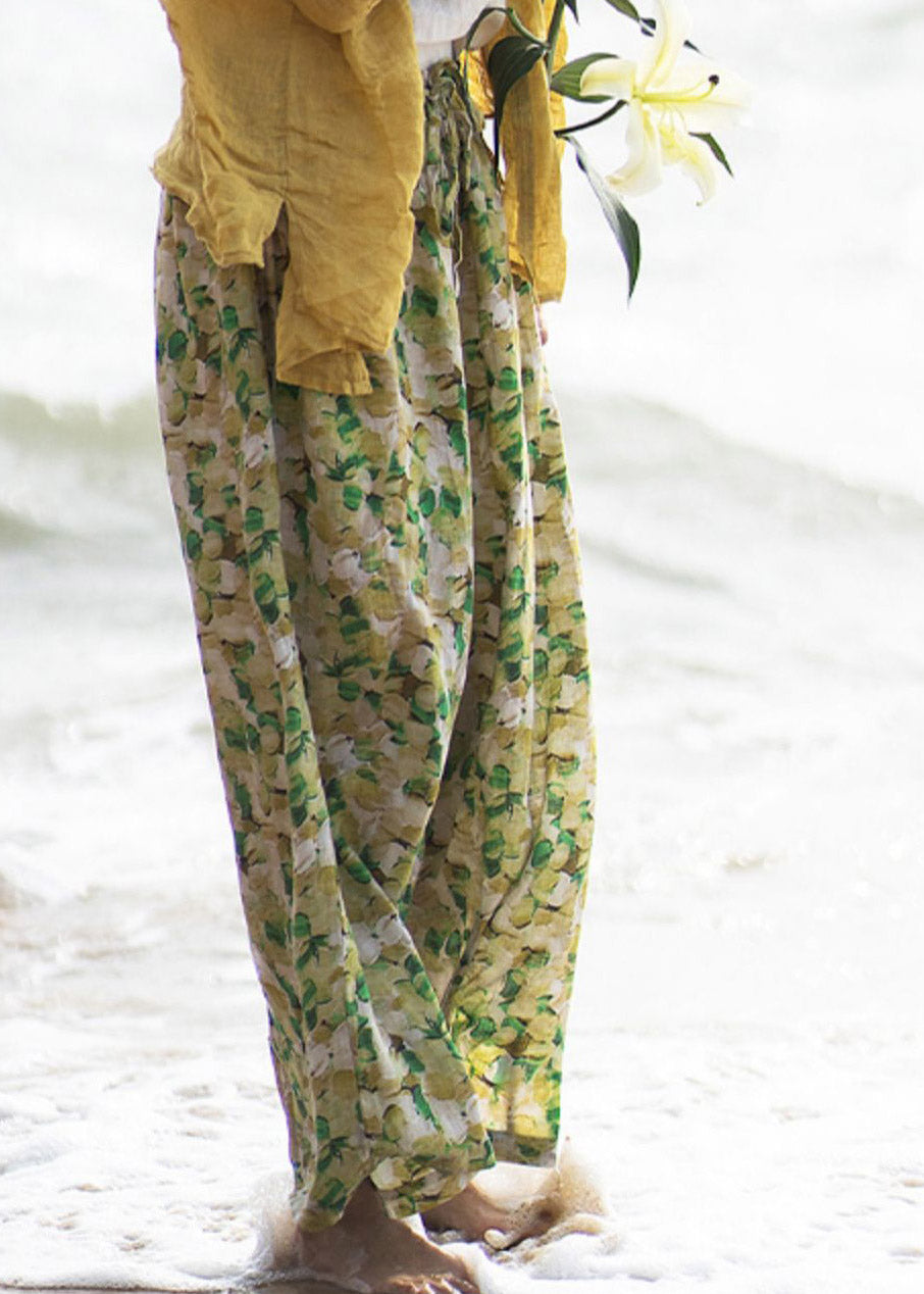 Green Print Tie Waist Linen Wide Leg Pants Summer