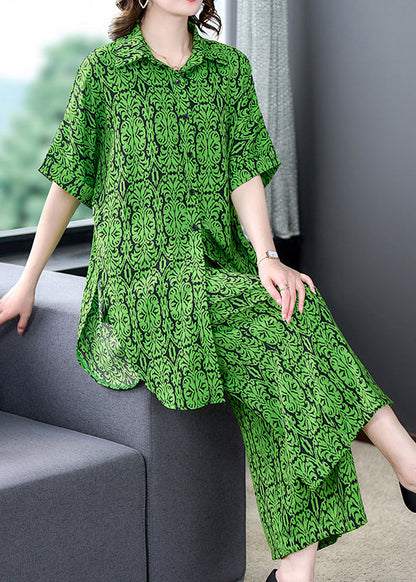 Green Print Tops and Pants Chiffon Two Pieces Set Summer