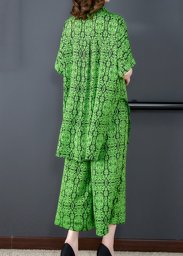 Green Print Tops and Pants Chiffon Two Pieces Set Summer